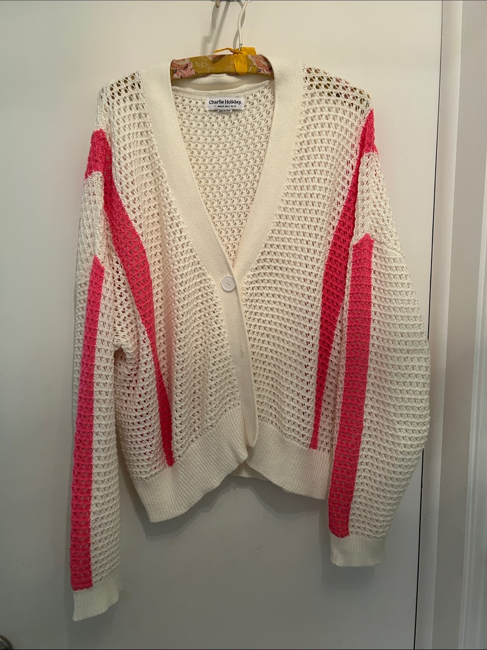 Charlie Holiday Cream Open-Weave Cardigan with Hot Pink Stripe Accents